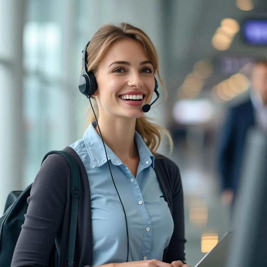 Friendly customer service agent assisting a passenger