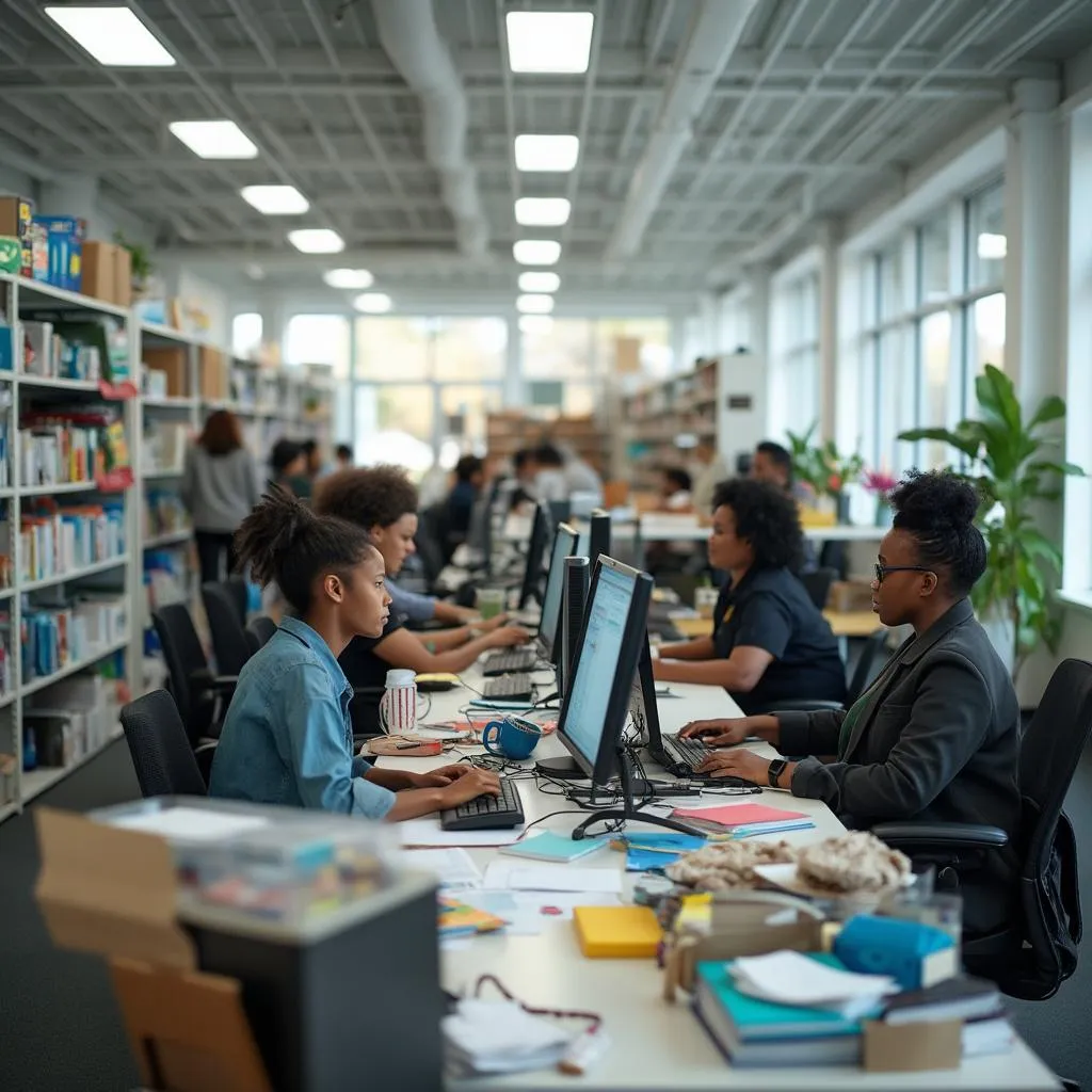 Modern lost and found office interior with staff working