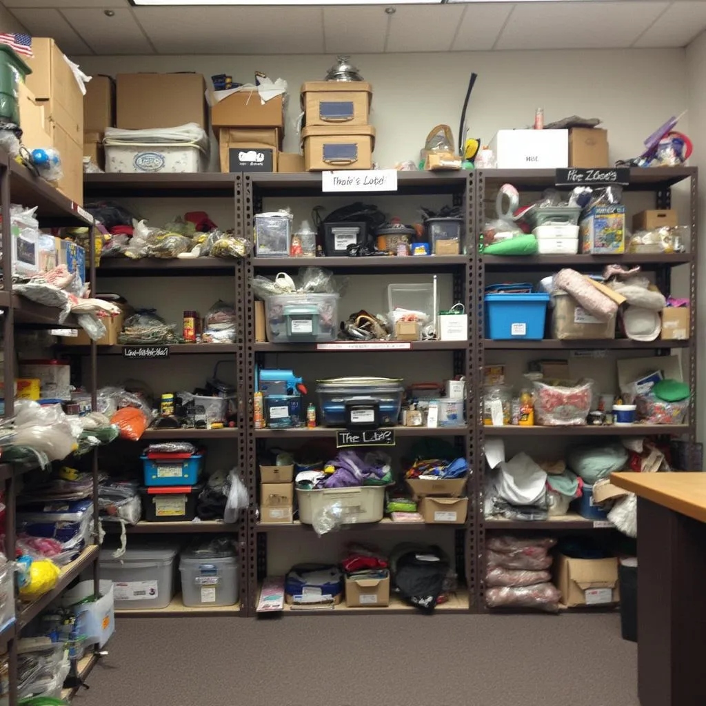 Shelves of lost items in an airport facility